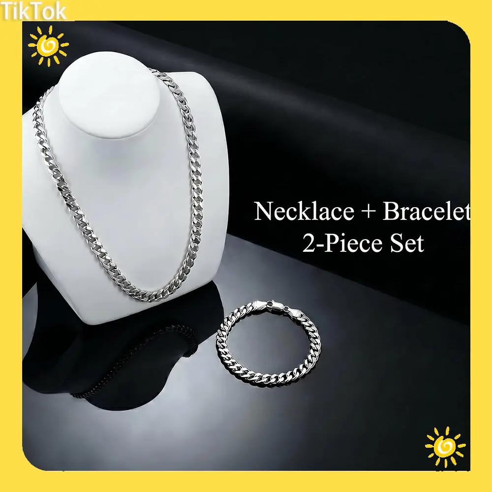 7mm Cuban Link Accessory Set - 925 Silver-Plated Nickel-Free Steel Layered Jewelry Set, High-Polished Hypoallergenic Non-Tarnish, 50cm (19.7 inches) Necklace & 20cm Bracelet for Hip-Hop Look, Cuban Chain Set, Two Piece Set