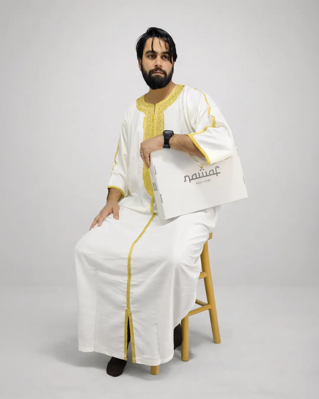 Men’s Moroccan Gandoura White with Gold Embroidery – Premium Gabardine Islamic Thobe for Eid