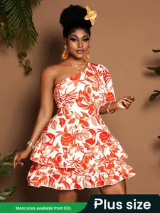【Plus Size】 Floral Print One Shoulder Ruffle Trim Dress, Elegant Dress for Vacation Holiday Wedding Guest, Women's Clothes for Summer