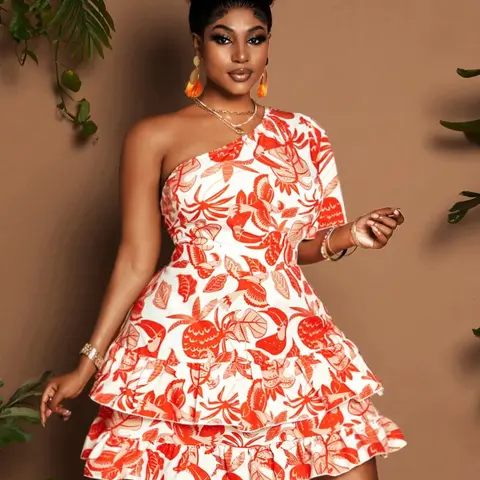 【Plus Size】 Floral Print One Shoulder Ruffle Trim Dress, Elegant Dress for Vacation Holiday Wedding Guest, Women's Clothes for Summer