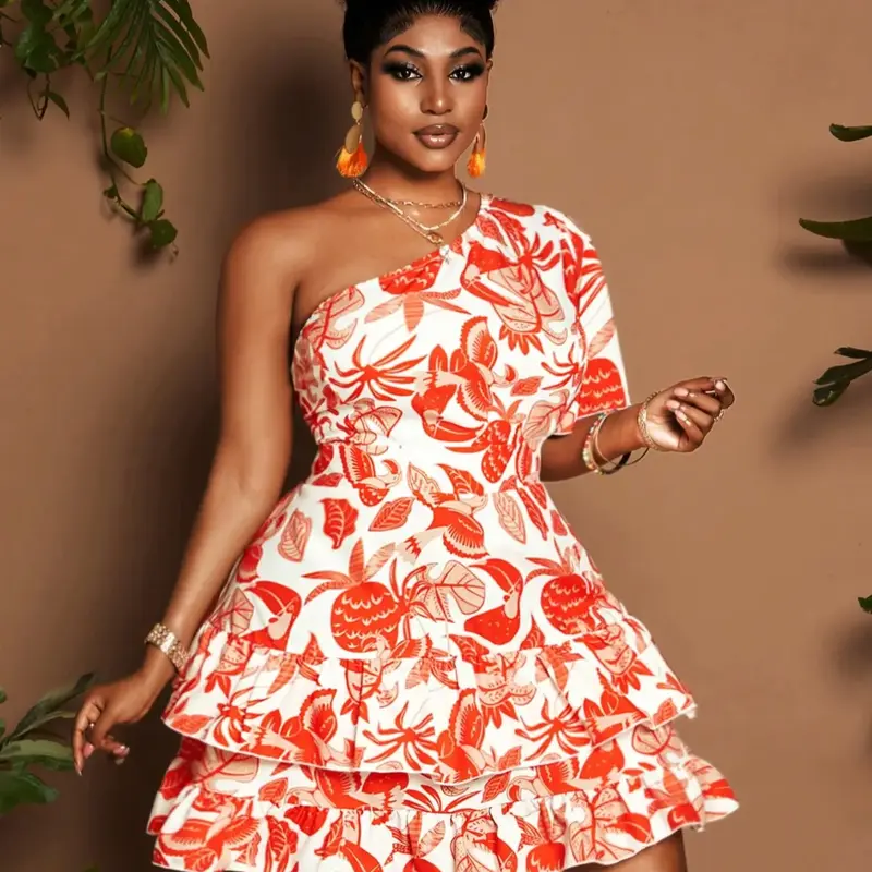【Plus Size】 Floral Print One Shoulder Ruffle Trim Dress, Elegant Dress for Vacation Holiday Wedding Guest, Women's Clothes for Summer