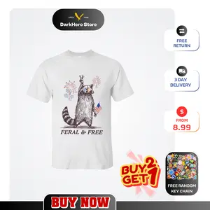 Funny 4th of July Feral And Free Fireworks Girl Summer Racc00n, T-Shirt For Unisex Graphic Tees Print Womenswear Top Casual Streetwear Gifts Shirts. Grey Knitting
