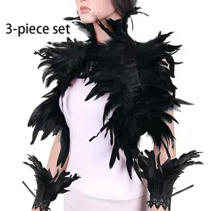 3pcs Bohemian Multicolor Feather Shawl Cape Set, Suitable for Gothic Carnival, Halloween, Party, Holiday Dance Costume Accessories, Non-Stretch Tie-Dye Crafted Artificial Feathers