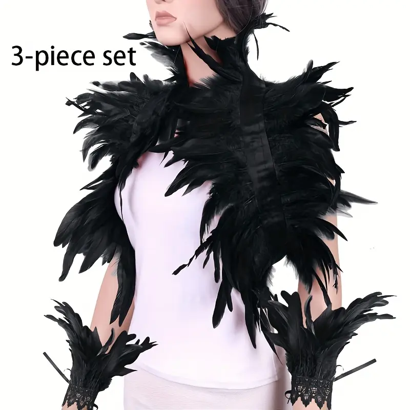 Women's 3pcs Polyester Boho Red Tie-Dye Artificial Feather Shawl Cape Set - Non-Stretch, Ideal for Gothic Carnival, Halloween Costume Accessories