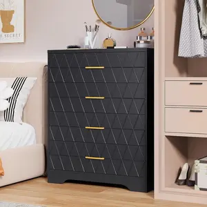 【Christmas Gift】4 Drawer Wooden Dressers for Bedroom Wood Chest of Drawers with Gold Handles for Closet Modern Tall Dressers Nightstand Wooden Storage Organizer Cabinet for Living Room Hallway-Black