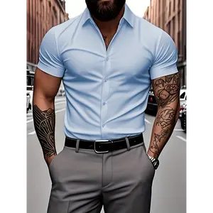 [Polyester Muscle Fit Dress Shirt] Solid Color Polyester Muscle Fit Short Sleeve Dress Shirt - Lapel Collar, Button Detail, Work Style, Summer Party Wear - 125g/m², 96% Polyester 4% Spandex Stretch