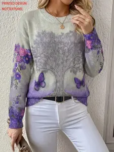 Elegant Women's Knit Sweater, Printed Effect, Colorblock Pullover, Fashionable Casual Wear, Long Sleeve Jumper, All-Season Clothing