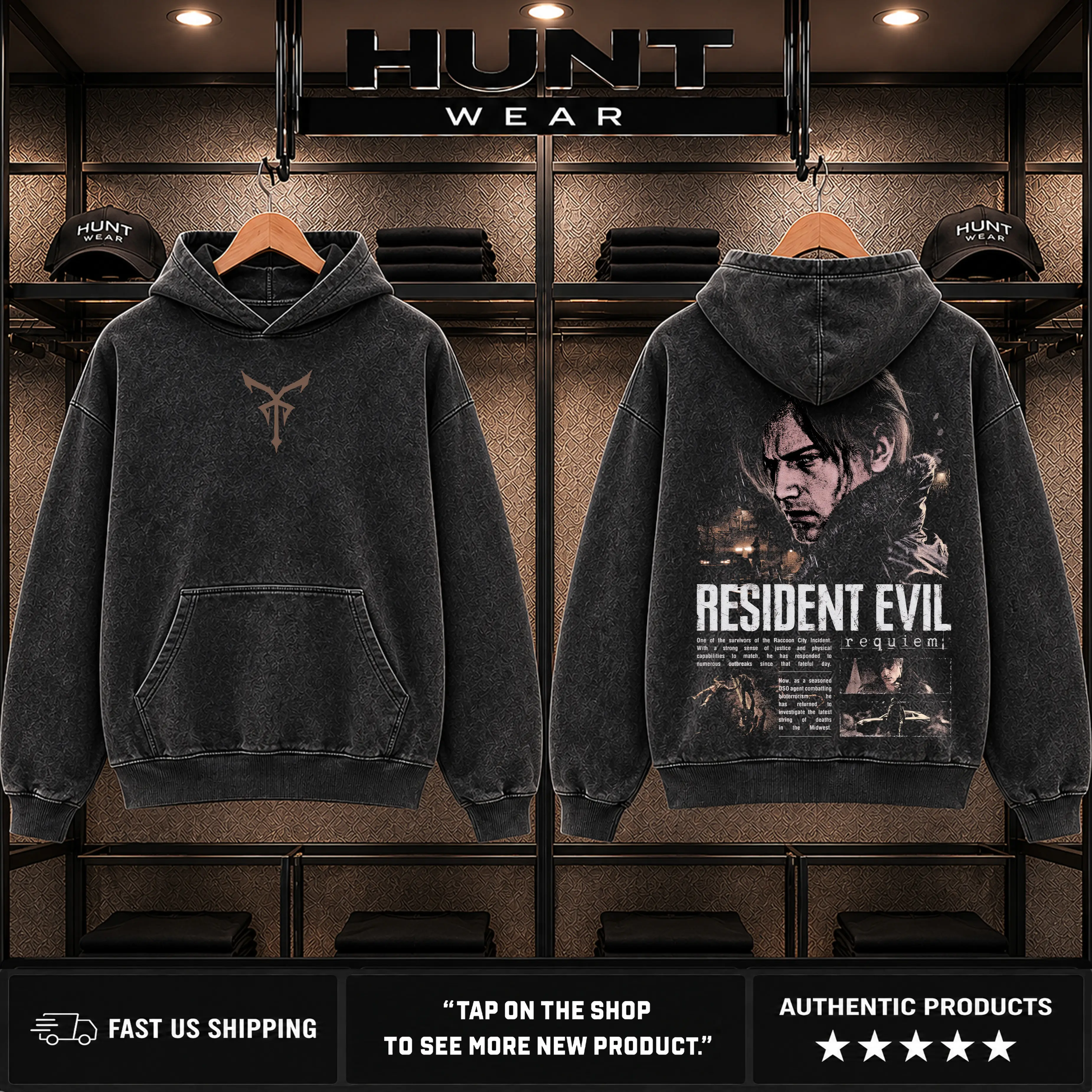 Resident Evil Leon Kennedy Requiem Vintage Hoodie, Raccoon City Survivor Graphic T-Shirt, Biohazard 4 Remake Streetwear, Acid Wash Mineral Oversized Sweatshirt, DSO Agent Aesthetic, Gamer Fan Gift, Unisex Cotton Apparel Fabric Menswear