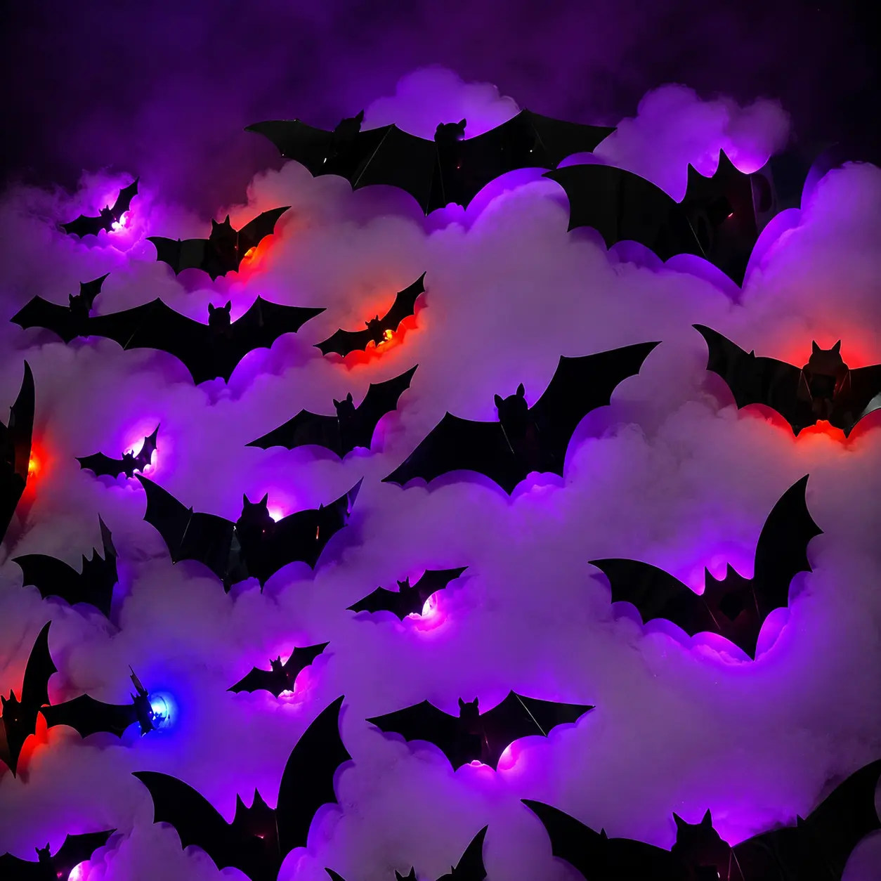 Halloween 3D Bat Decorating Set with 36 Black Bats 36 LED Lights & 36 Adhesive Pieces Adjustable Wings Red Purple Blue Flashing Lights for Walls Windows Mirrors Doors Classrooms Garages Party Backdrops