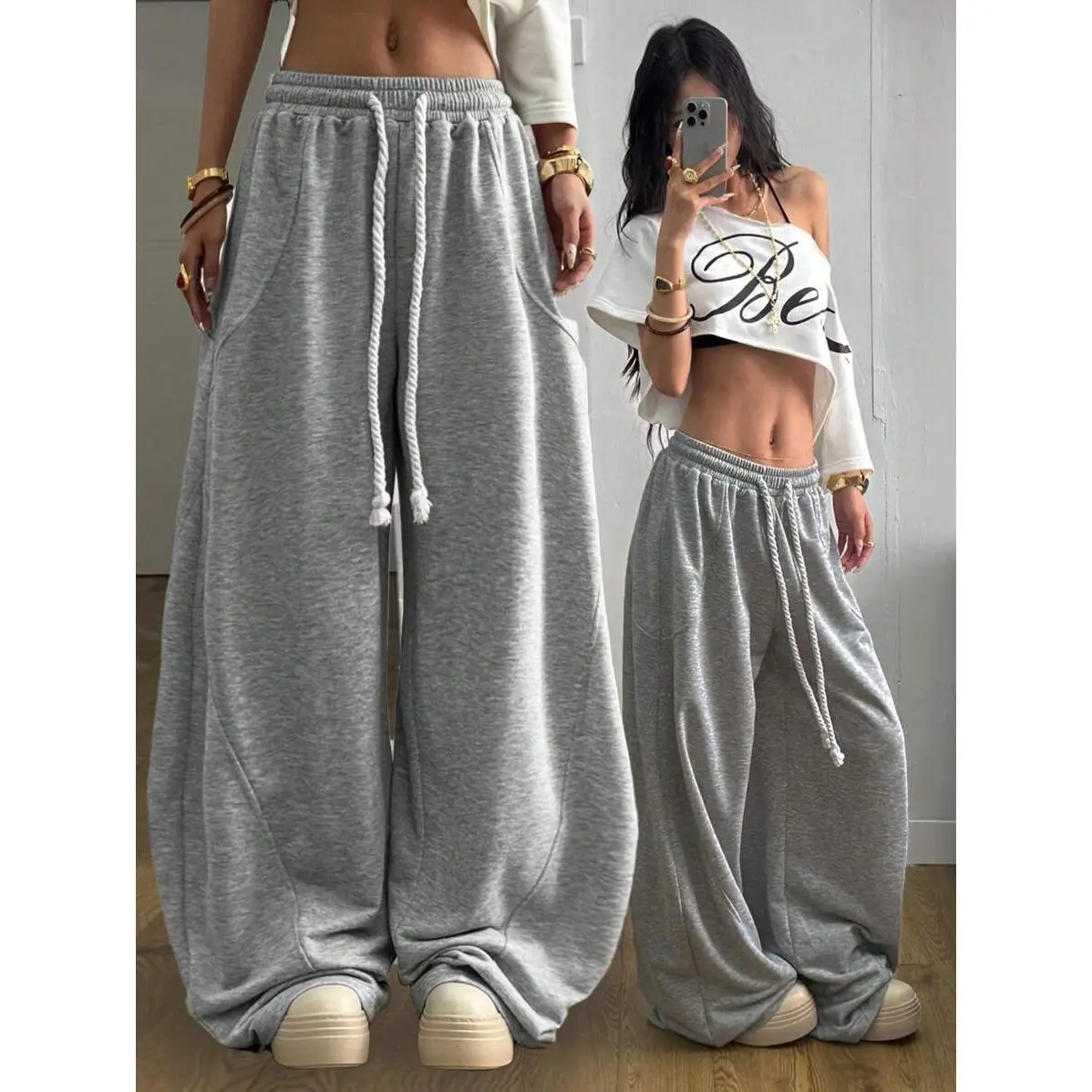Coolane Women's Fall/Winter Streetwear Going Out Back To School Break Oversized Elastic Waistband Comfortable Grey Scimitar Pants