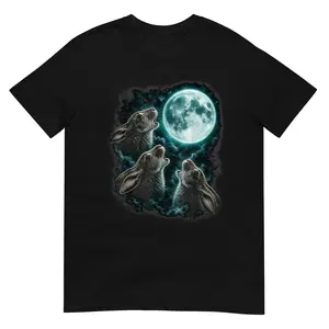 Three Howling Rabbits Under Full Moon Fantasy T-Shirt