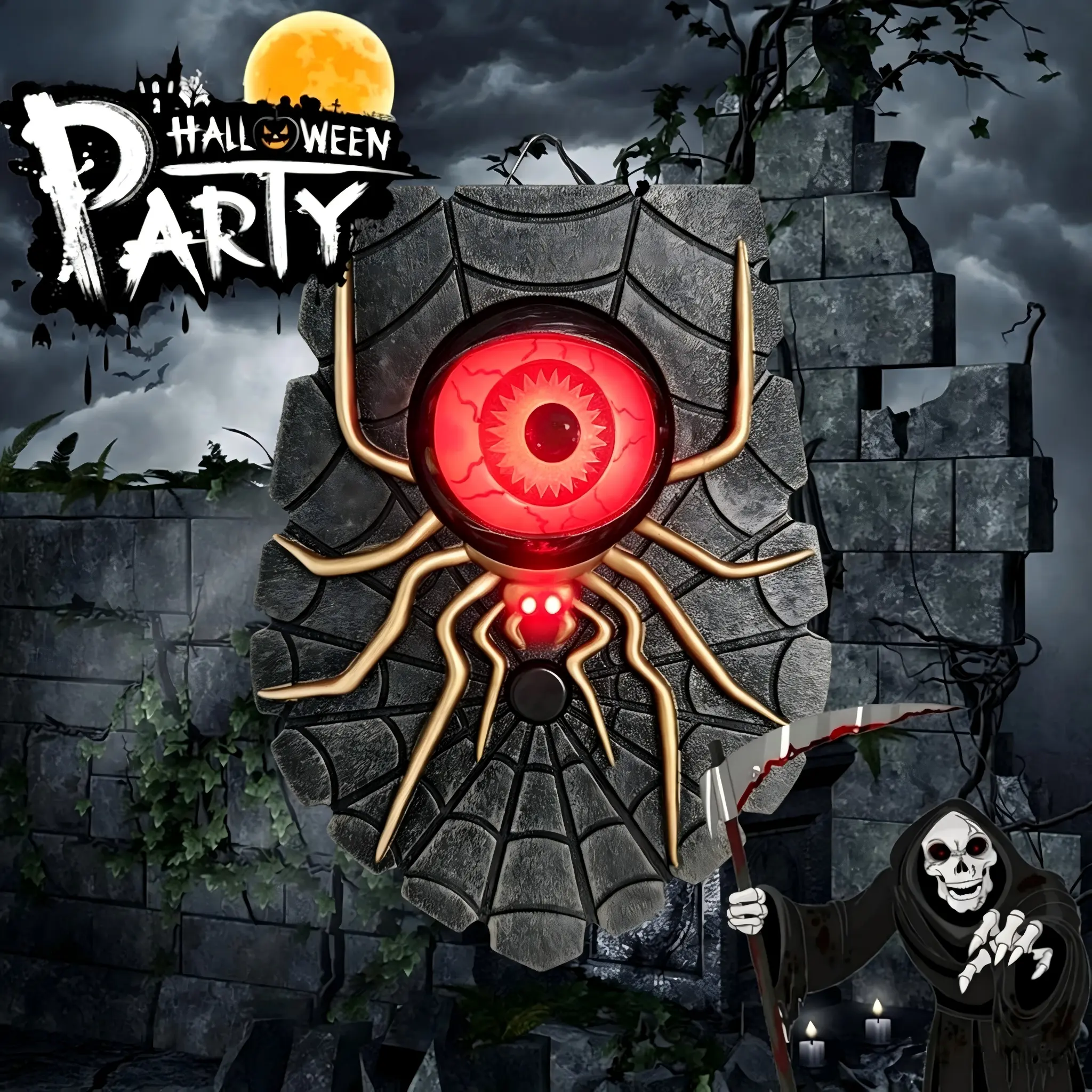 Spider Doorbell Decoration Multifunctional Movable One Eyed Spider Doorbell with Light Horror Sounds for Home Halloween