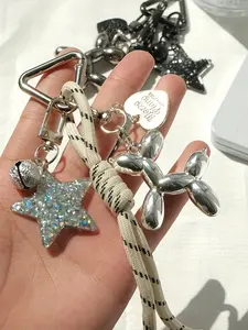 Bell Five Pointed Star Elastic Buckle Heart-Shaped Balloon Dog Keychain Pendant, Silver Sparkling Star+Metal Puppy, Black And White Knot Hanging Rope, Bling Bling Keychains, Suitable For Hanging Keys And Backpacks