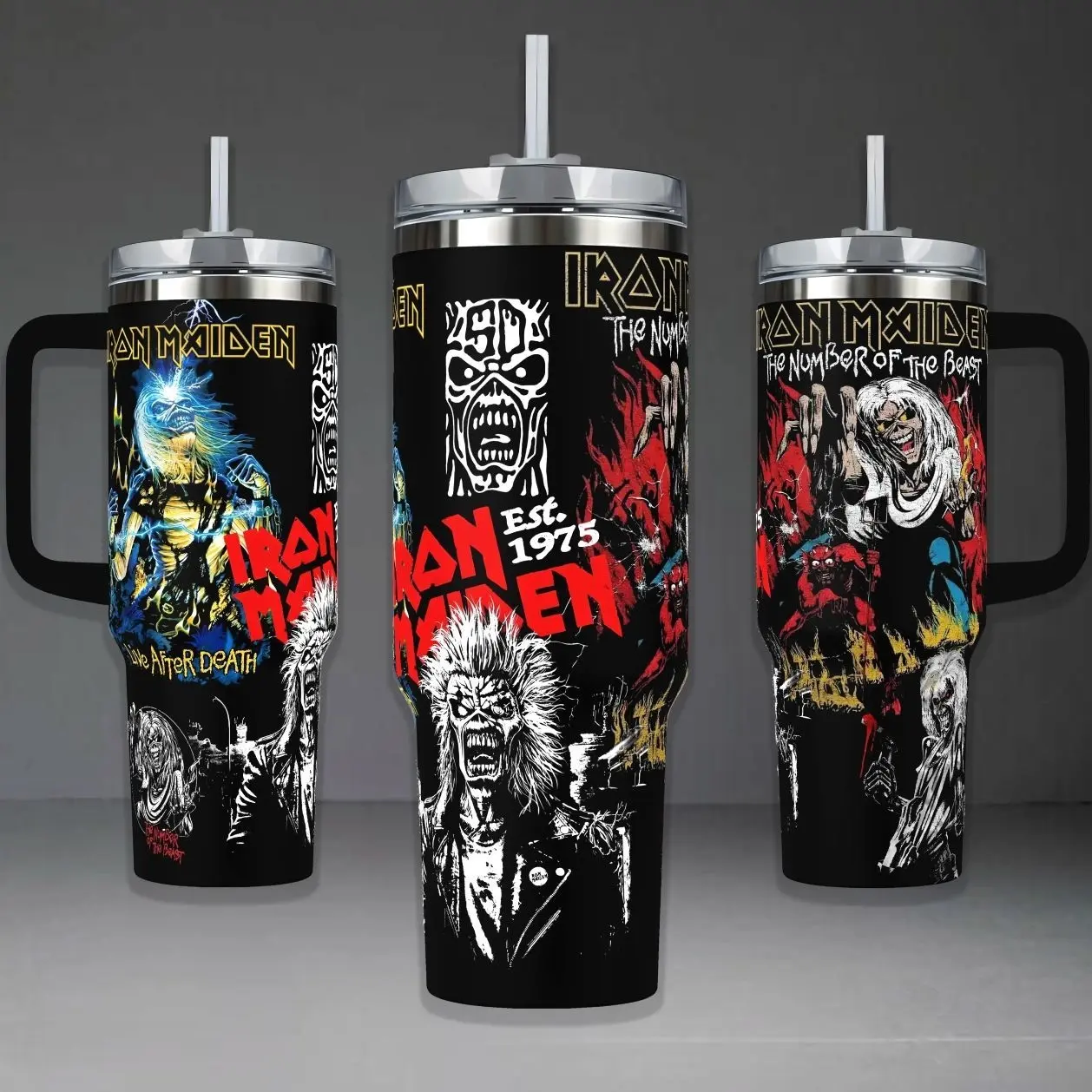 Iron Maiden Eddie the Head Tumbler, The Number of the Beast 40oz Cup with Handle, Heavy Metal Fan Gift, Iron Maiden Inspired Insulated Tumbler Featuring Epic Eddie Mascot Design.