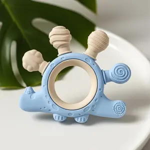 Dinosaur Silicone Teething Stick, Easy Grip Ring Design, Relieves Teething Pain & Sensory Exploration, Baby Teethers