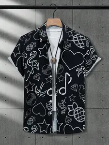 1PC Men's Streetwear Button Up Shirt, Menswear, Trendy Black and White Tropical Doodle Graphic Print, Loose Fit Short Sleeve Blouse Top for Beach Party and Daily Wear