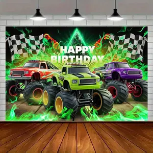 1pc 2D Flat Monster Truck Flame & Checkered Flag Birthday Party Banner - Vibrant Polyester Backdrop with "Happy Birthday" Text, Red Truck, Green Trucks, and Flames Design for Indoor Wall Decor White