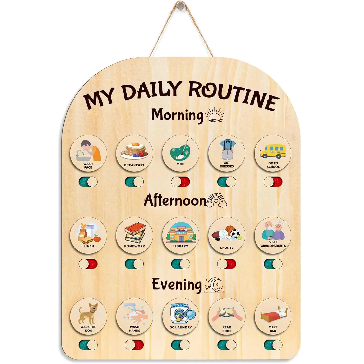 Wooden Kids' Daily Routine Chart - 14x11 Inches Visual Learning Tool with 80 Round Cards, Text & Icons, Toddler Chore Board, Back-to-School Item for 3-5 Year Olds, Helps Manage Time Effectively, Visual Learning Tools, Learning Materials