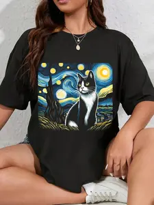 100% Cotton Unisex Tuxedo Cat Starry Night Painting Tuxedo Cat Owner T-Shirt