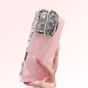 New Premium Shell Pattern Glitter Wavy Edge Full Cover Stand Phone Case, Large View Window Cover For ip16Pro Max, ip15Pro/14/13/12