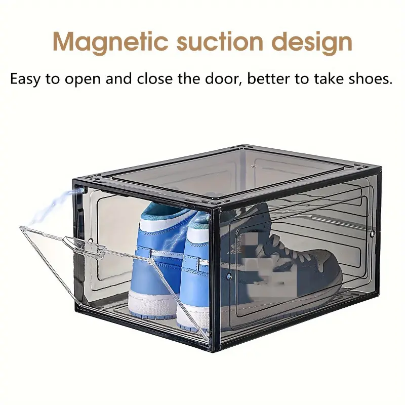 Clear Plastic Shoe Storage Boxes with Magnetic Closure - Stackable, Transparent, Black, Multi-Surface Organizer for Sneakers, Basketball Shoes, and Casual Wear, Shoe Storage Organizer