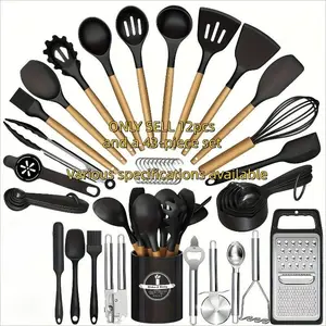 43-Piece Non-Stick Silicone Cooking Tool Set with Wooden Handles, Durable Stainless Steel Spatulas, Essential Kitchen Accessories, Kitchen Utensils Gadgets