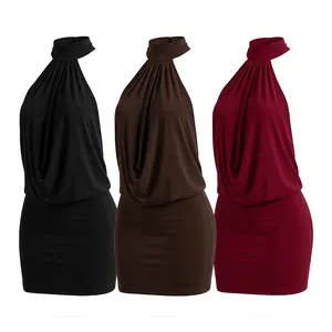 Women's Summer Sexy Halter Sleeveless Ruffle Twist Backless Bodycon Mini Dress for Party and Club, Boho Backless Dress, Womenswear