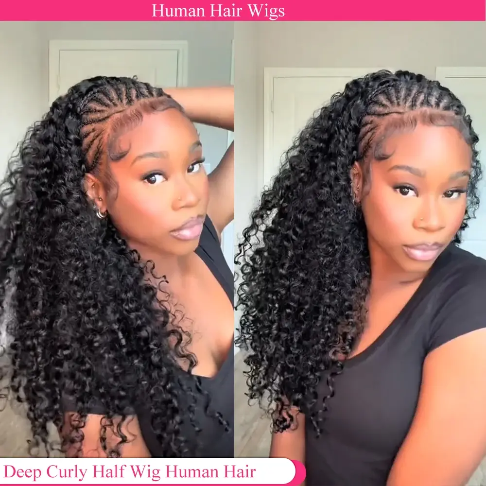 [Half Wig]Bling Hair 12-32 Inch 3 In 1 Half Wigs Human Hair 180 Density Deep Wave Half Wigs Human Hair Seamless Flip Over Deep Curly Human Hair Drawstring Glueless Wig For Women