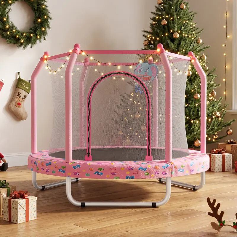 Mersco 55'' Mini Round Trampoline for Toddlers with 360° Safety Net, Arched Zipper Door, 30 High-Quality Springs & Gapless Cushion - Rust-Resist Steel, Indoor Outdoor Pink Kids Toys for Ages 1+ Girls' Gift (Soccer Ball Fun)