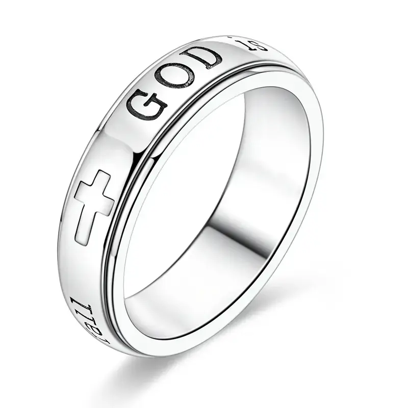 September Laurel  Christian Fidget Spinner Ring with Engraved Psalm 46:5 Verse and Holy Cross, Inspirational Anxiety Relief Jewelry, Encouragement Gift Symbolizing Resilience and Strength, Calming Spinner Ring