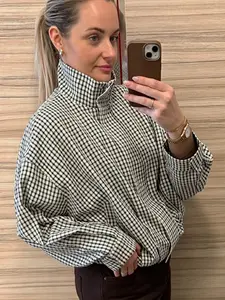 Plaid Bomber Jacket Women Stand Collar Oversized Cropped Coat Vintage Long Sleeve Spring Jacket Chic Casual Commutes Aviator Jacket Zipper Demi-Season Checked Outerwear