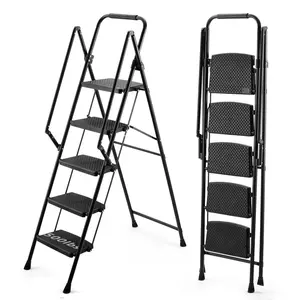 5-Step Foldable Steel Ladder Stool, 300lb Capacity, Steel Frame, Anti-Slip Wide Pedals, Handle, Anti-Slip Pads, Lightweight Portable, Indoor/Outdoor Black Ladder, Foldable Ladder