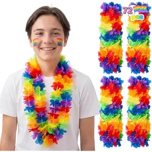 72 Pcs Colorful Flower Leis Bulk, Pride Colorful Leis, Artificial Flower Neck Loops Hawaiian Necklaces, Pride Accessories Decor, LGBTQ+ Lei for Parades, Party