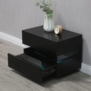 Bedside Table, Bedroom High Gloss Cabinet With 2 Drawers Modern LED Nightstand