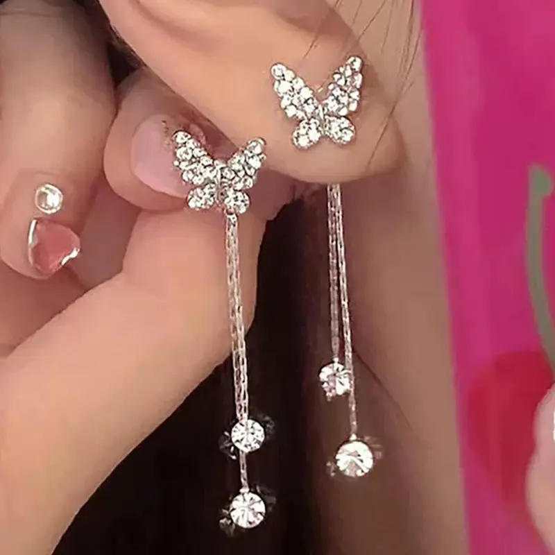 Butterfly Design Dangle Earrings, Fashionable Rhinestone Decor Earrings for Women, Elegant All-match Fashion Accessories for Daily Wear, Jewelry Accessories, Trendy Fashionable Accessories, Earrings Dangling