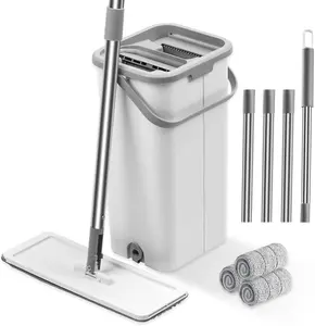 Flat Mop and Bucket System, Separates Dirty and Clean Water, Hands-Free Floor Mop and Bucket with Wringer Set for Home, Include 3 Reusable Microfiber Mop Pads, Home Cleaning for All Floor Types (F)