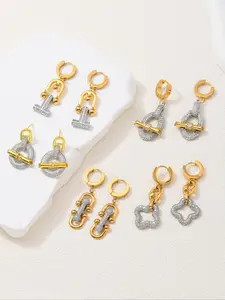 Elegant Copper Inlaid Zircon Earrings, Horse Hoof Pig Nose Coffee Bean T-Shape Design, Luxury Jewelry for Women, Stylish Accessory, Statement Earrings, Versatile Earrings