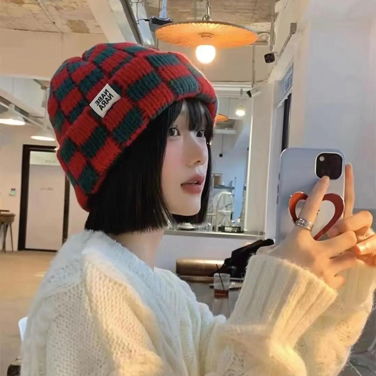 Women's Chessboard Plaid Knitted Beanie with Dome Crown - Warm Windproof Winter Hat for Autumn Cold Weather