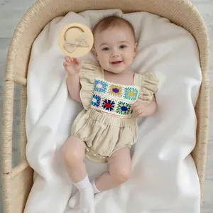 Baby Girl Crochet Flower Romper Flying Sleeve Bodysuit with Bow Headband 2 Piece Summer Outfit