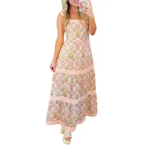 Mntaor Women's Casual Pink Geometric Floral Print Striped Patchwork Sleeveless Midi Dress - Womenswear Bohemian Tiered Dress with Square Neck, Spaghetti Straps for Summer Party, Daily Wear