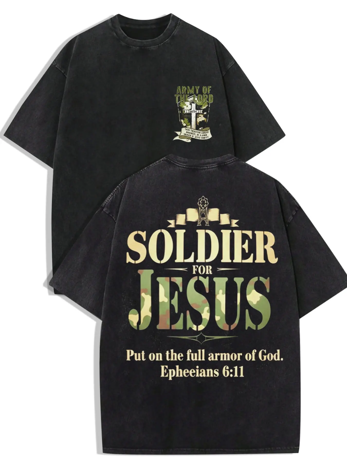 1 PCS Army Of The Lord Badge Back Soldier For Jesus Camo Letter Ephesians 6:11 Double Sided Vintage Graphic Print, Christian Warrior Streetwear Tee, Soft Breathable Unisex Top For Faith Believers Casual Outfit