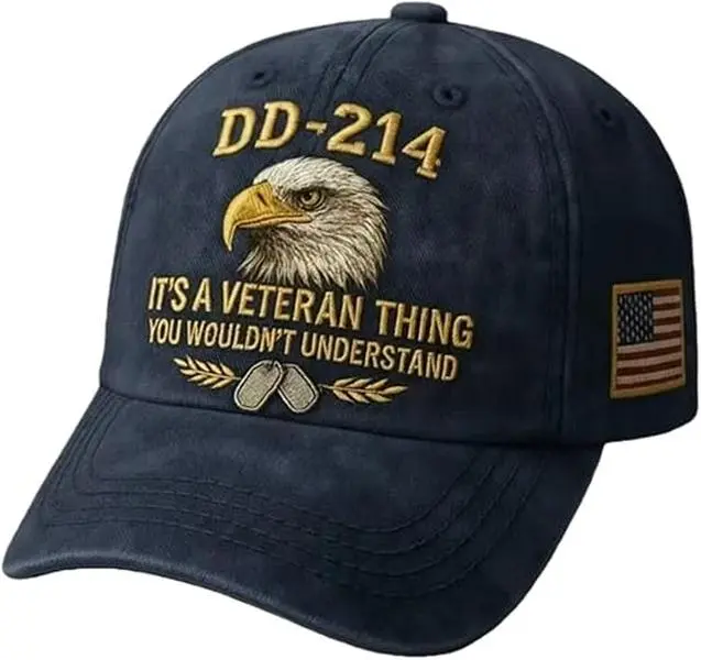 DD-214 Veteran Patriotism Graphic Baseball Cap - 100% Cotton Breathable Fabric, Adjustable Customizable Hats, Eagle Patch, American Flag Patch, Veterans Festive Party Hat Accessory Gift, Graphic Hats, Festive Party Hats