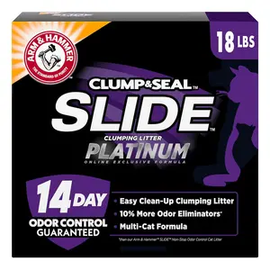 ARM & HAMMER Clump & Seal SLIDE Platinum Multi-Cat Clumping Cat Litter, 14-Day Odor Control, EZ Clean Technology, 18 lbs – No Scrubbing, Powerful Odor Eliminator