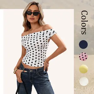 Women Off Shoulder Tops Sleeveless Polka Dot Floral Print Shirts Y2K Going Out Casual Crop Tops Streetwear SwimWeek summervibes
