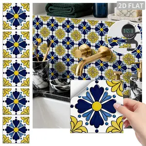 24PCS FHZ Blue Yellow Mediterranean Floral Tile Stickers PET Matte Peel and Stick Backsplash Waterproof Oil Proof Wall Decor for Kitchen Bathroom