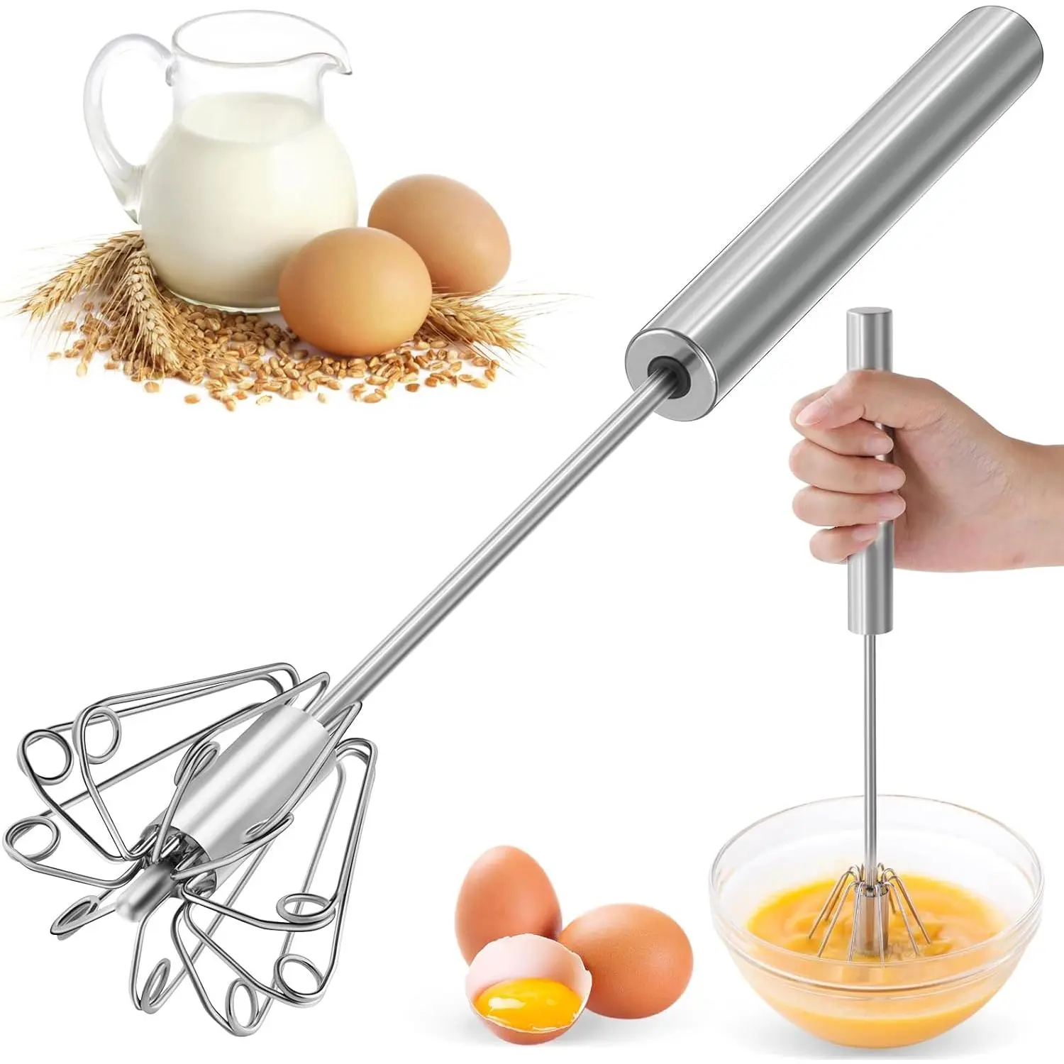 2026 Upgraded Semi-Automatic Stainless Steel Egg Beater - Hand Push Whisk for Baking, Cooking & Stirring -  for Whisking Eggs, Batters &  - Effortless Mixing for Quick, Smooth (12in)