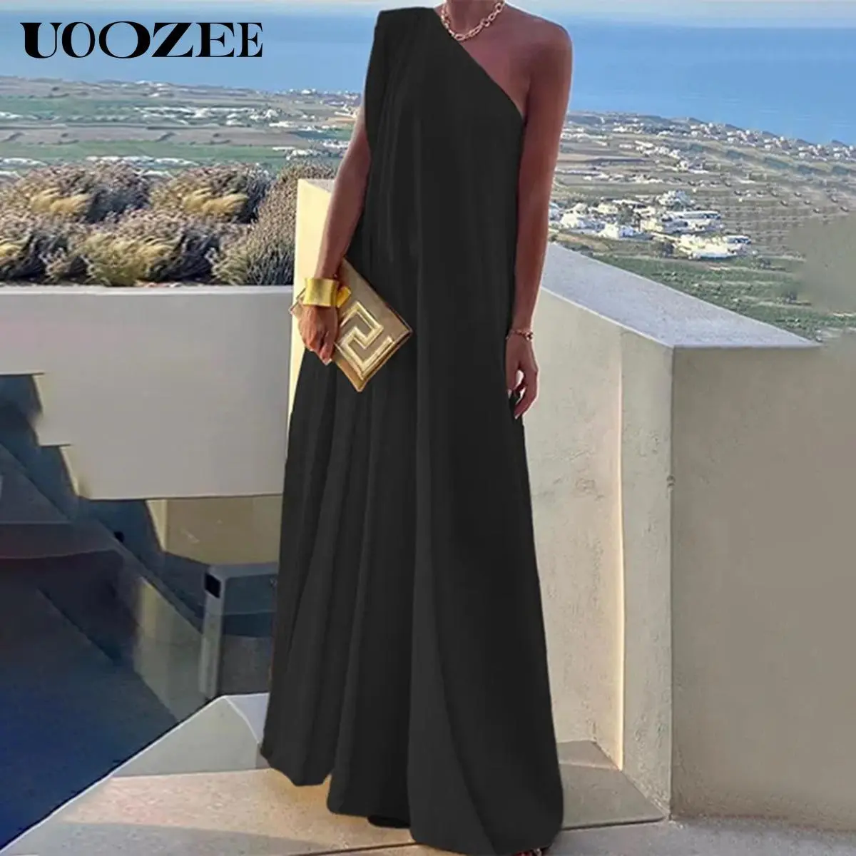 UOOZEE Women's 1-Shoulder Sleeveless Asymmetric Solid Color Slit Maxi Dress - Lightweight Dacron Chiffon, Loose-Fitted, Front Zipper, Multi-Color, Formal Wear, Elegant, C Cup & Above Bust, White Slightly Transparent, Chic Wedding Guest Attire, Maxi Length