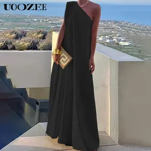 UOOZEE Women's Casual Womenswear Loose Asymmetric Solid Color Slit One Shoulder Maxi Dress Multi-color, Party, Holiday Elegant Style, Chiffon Fabric, White Slightly Transparent, birthday outfit, Recommended Size C Cup and Above
