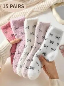 15 Pairs of Warm Fuzzy Socks White & Pink Fuzzy Women's Mid-Calf Socks Bow Pattern Fleece-Lined Thermal Socks Soft & Comfortable for Fall/Winter Wear Elastic Cuff Doesn't Dig In Heat-Retaining & Warm Simple & Everyday Commuting