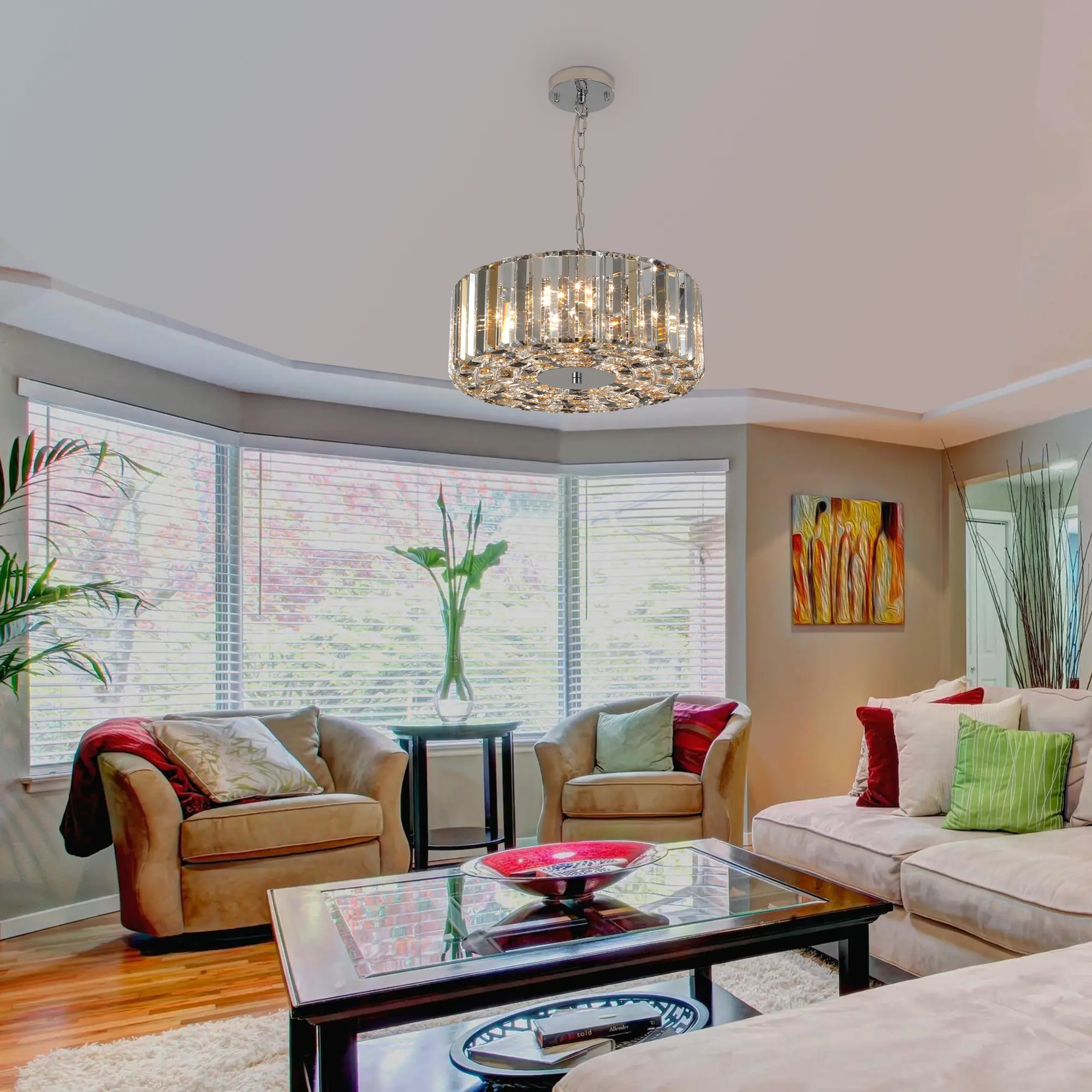 Modern drum-shaped crystal chandelier | Adjustable-height hanging light with silver frame for home decor